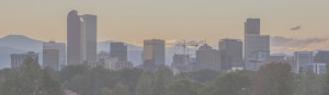 Denver downtown skyline at sunset
